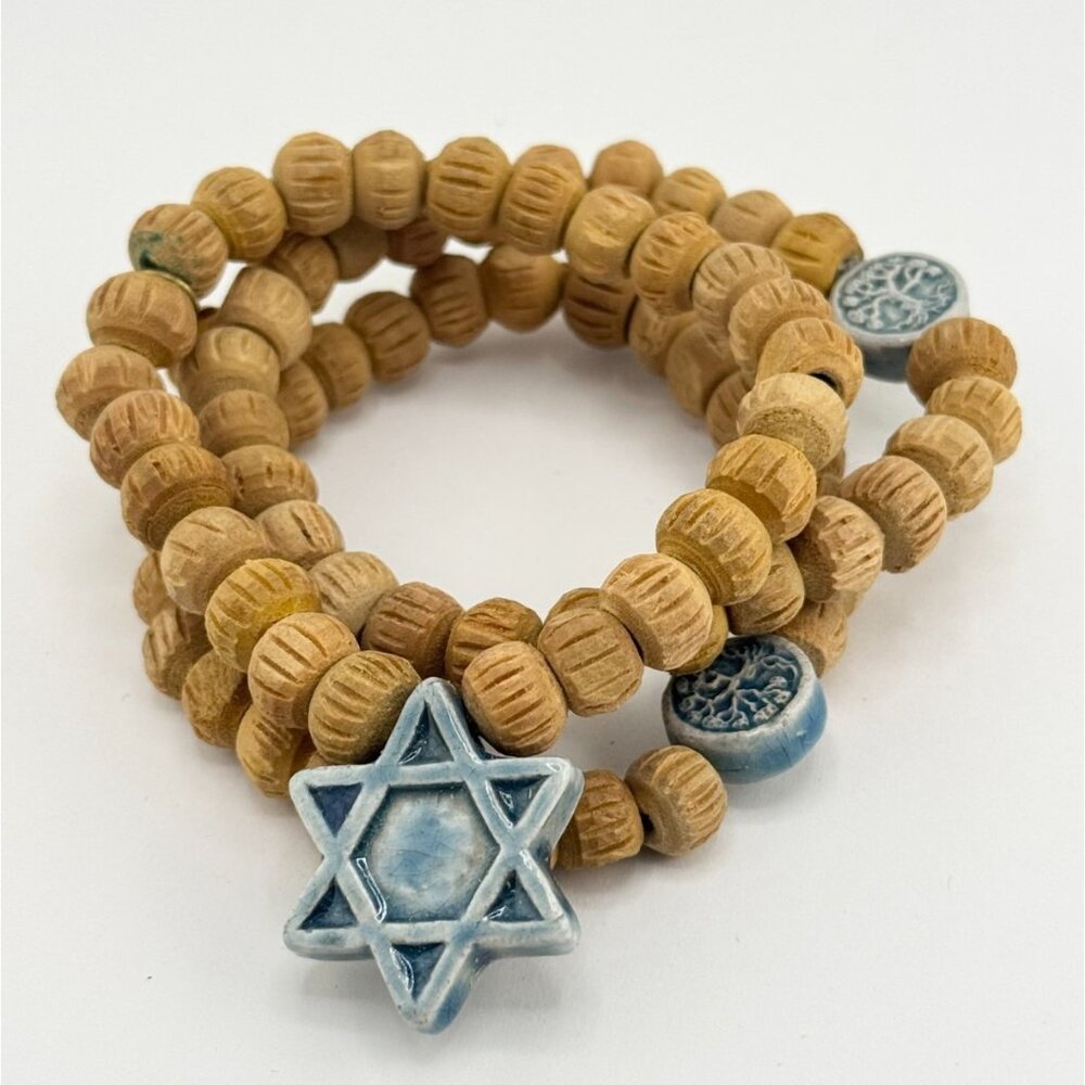 Vintage wood bead porcelain Jewish star multi strand bracelet set